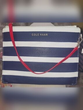 Cole Haan Navy and White Striped Wristlet with Red Strap